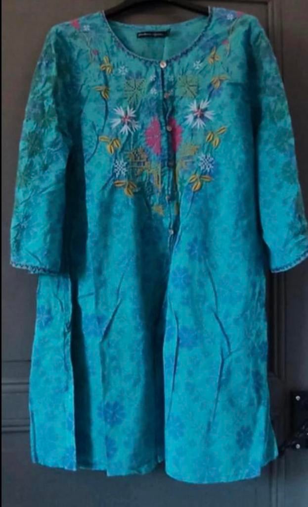 Gudrun Sjoden turquoise tuniek maat M met borduursels, Kleding | Dames, Verzenden, Gedragen, Maat 38/40 (M), Blauw