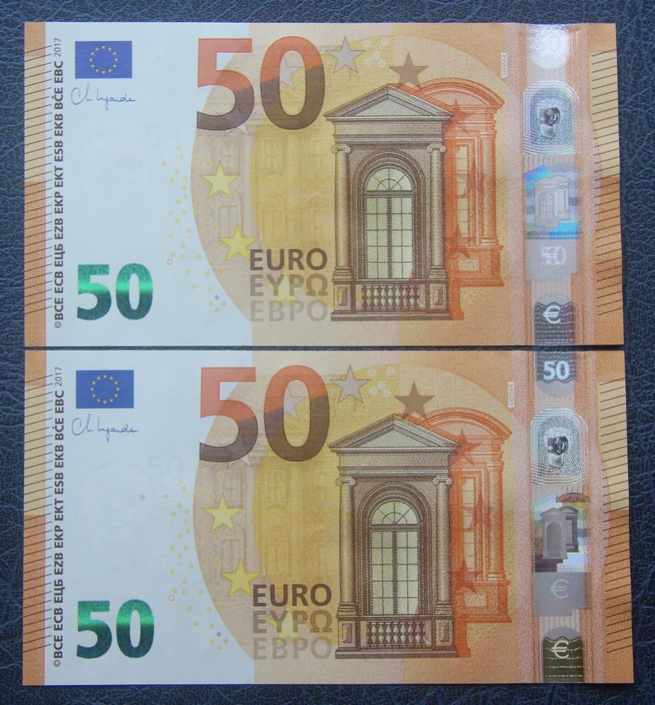 2x 50 euro 2017 UC8769290905(14) nummers opv.print U035E4, Postzegels en Munten, Bankbiljetten | Europa | Eurobiljetten, Setje