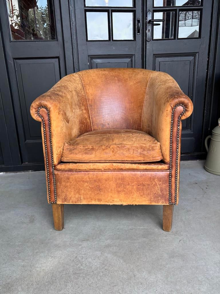 Vintage Leren Fauteuil - Schapenleer, Ophalen of Verzenden