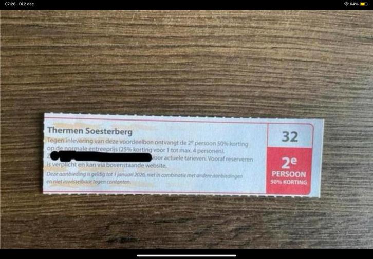 Kortingsbon voor sauna Thermen Soesterberg (KWF), Tickets en Kaartjes, Kortingen en Cadeaubonnen, Twee personen, Spa of Sauna