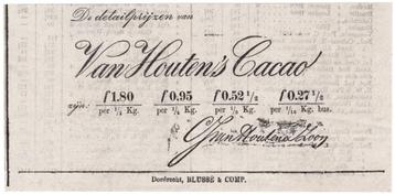 Reclame 1891 Van Houten's Cacao Chocolade - Blusse Dordrecht