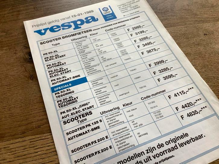 Vespa prijslijst 15-1-1989.  Vintage, Fietsen en Brommers, Handleidingen en Instructieboekjes, Verzenden