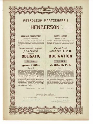 50 x Petroleum Mij Henderson 1908 - Obligatie ƒ100 - Serie H beschikbaar voor biedingen