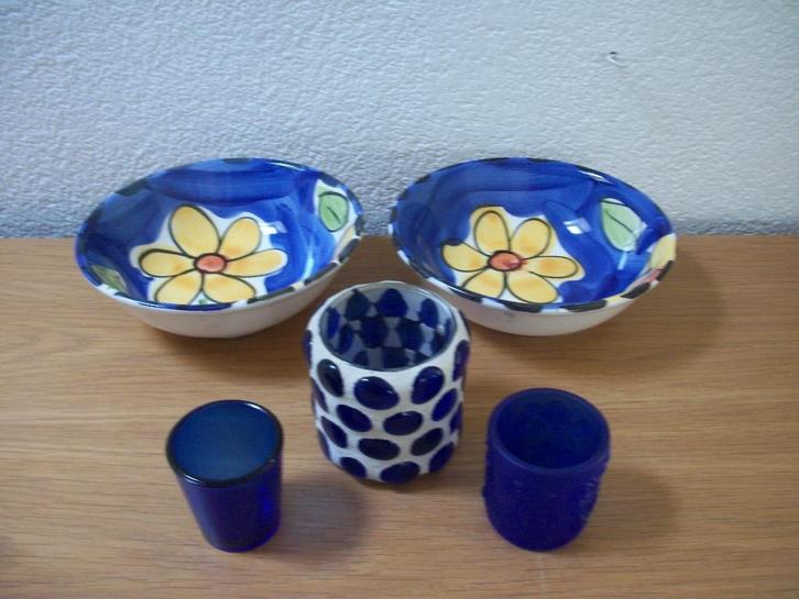 3x Schaal Blauw Geel - 3 Schalen, 1 Lichtje - p.stuk - zgan, Huis en Inrichting, Woonaccessoires | Schalen en Manden, Zo goed als nieuw