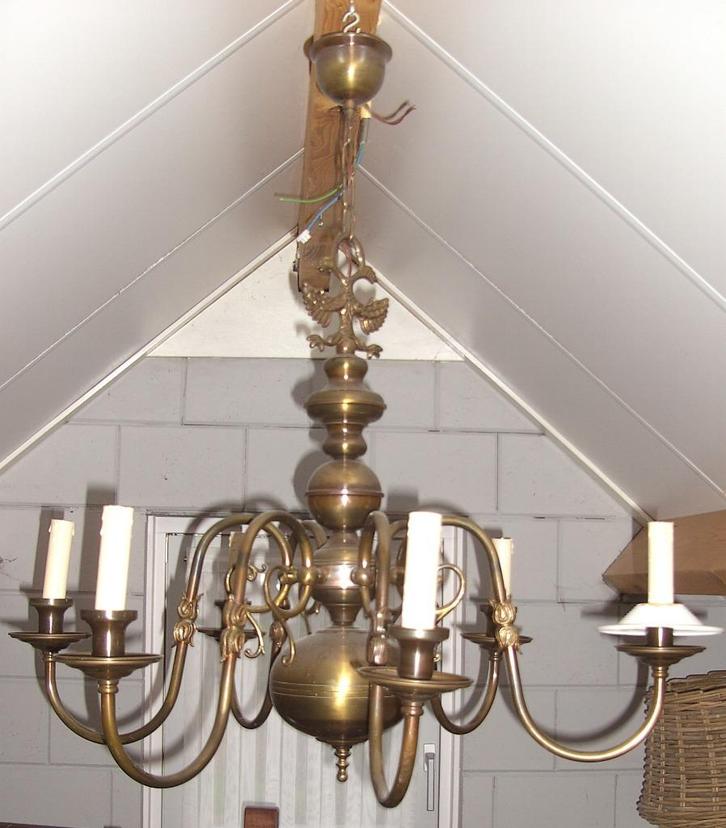 Messing kroonluchter met 6 armen, Huis en Inrichting, Lampen | Kroonluchters, Gebruikt, Metaal, Ophalen