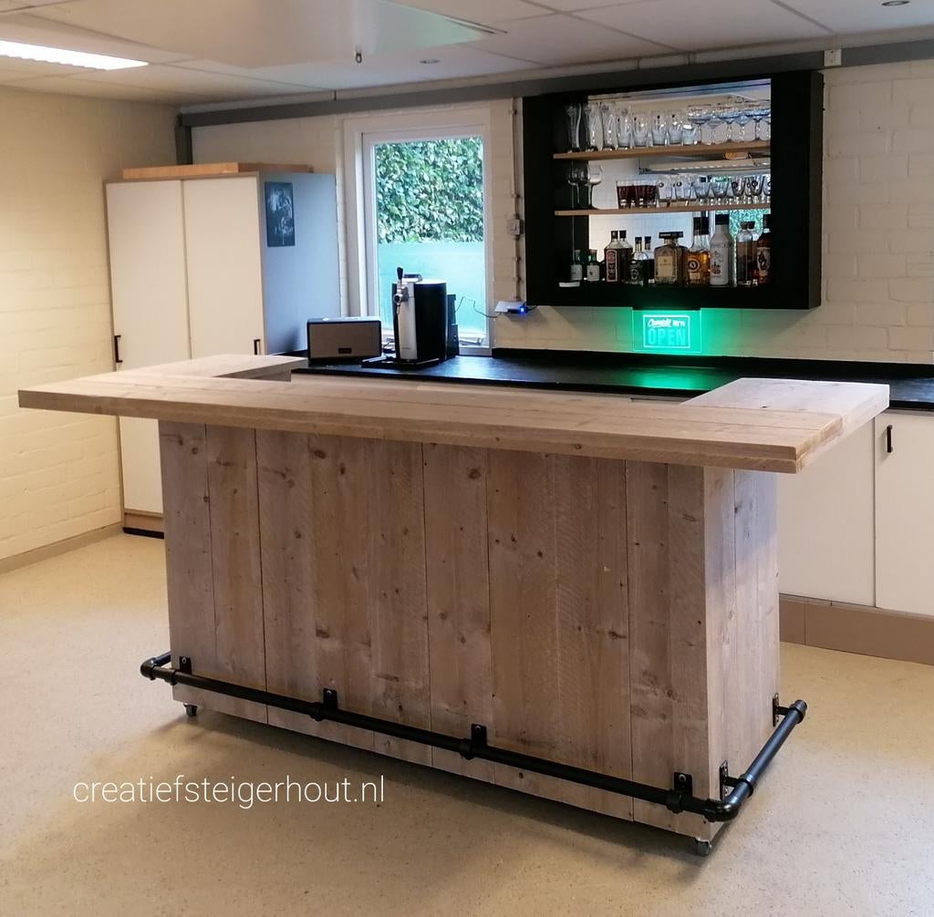 Steigerhouten bar op wielen zwarte steigerbuizen overkapping, Huis en Inrichting, Barren, Ophalen of Verzenden, Nieuw