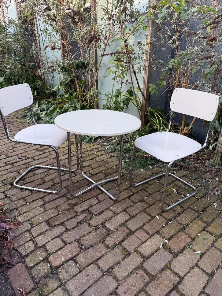 Buisframe eethoek, koffiehoek Auping zeldzaam set, Huis en Inrichting, Stoelen, Gebruikt, Twee, Hout, Metaal, Wit, Ophalen