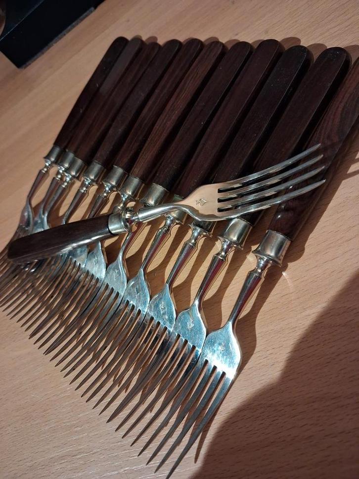 12 Vintage Vorken met Schoppen Logo en Houten Handvat, Antiek en Kunst, Antiek | Bestek, Ophalen of Verzenden