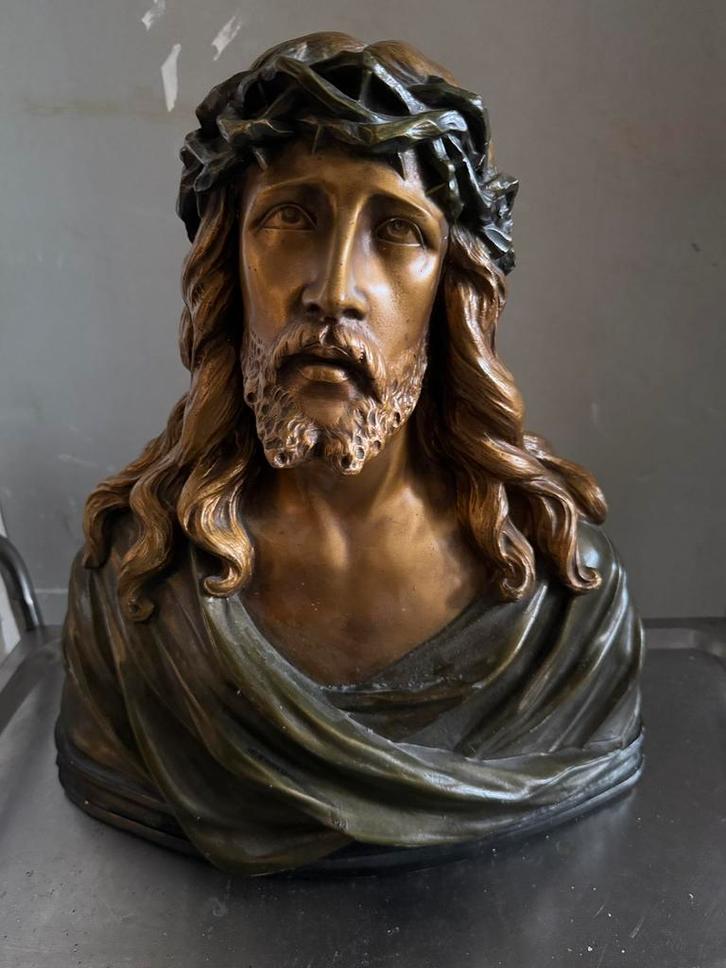 Beeld buste Jesus Christus. Lichtmetaal., Antiek en Kunst, Antiek | Religie, Ophalen of Verzenden