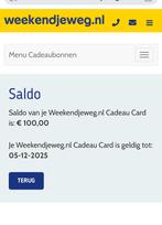 Weekedendjeweg cadeaubon 100 euro, Tickets en Kaartjes, Kortingen en Cadeaubonnen, Eén persoon, Cadeaubon