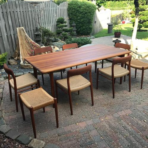 Set 6 N.O. Moller 75 stoelen tafel 2 krukken 80A Deens, Huis en Inrichting, Stoelen, Gebruikt, Ophalen