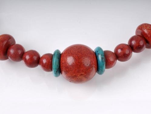 KETTING  41-45 cm, met zilver slot, Sponskoraal en Turkoois, Sieraden, Tassen en Uiterlijk, Kettingen, Zo goed als nieuw, Zilver