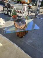 Boomstam salontafel., Huis en Inrichting, Tafels | Salontafels, Ophalen, Glas, Vierkant, Nieuw