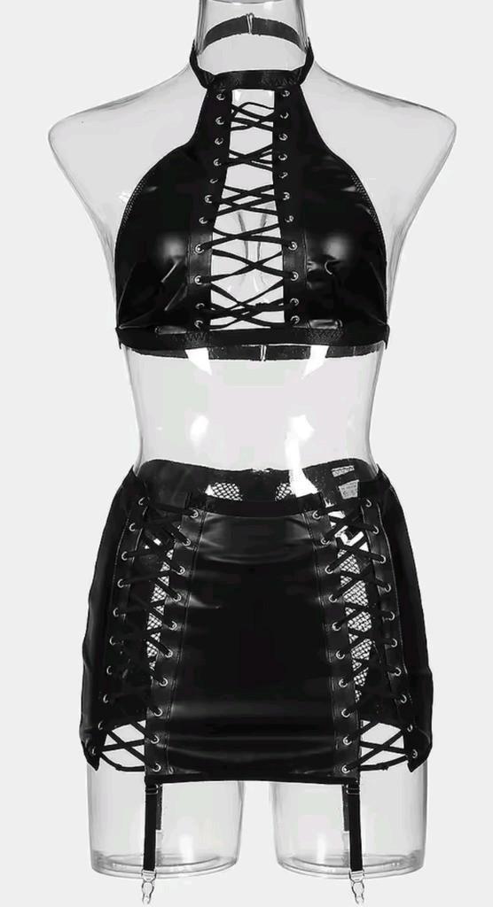 Klaar voor het Feest, Lerenlook Set met Jarretelles, tm L, Kleding | Dames, Overige Dameskleding, Nieuw, Verzenden