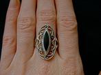 Zilveren 925 zilver ring ovaal opengewerkt met onyx 16.25, Verzenden, Zwart, Nieuw, Kleiner dan 17