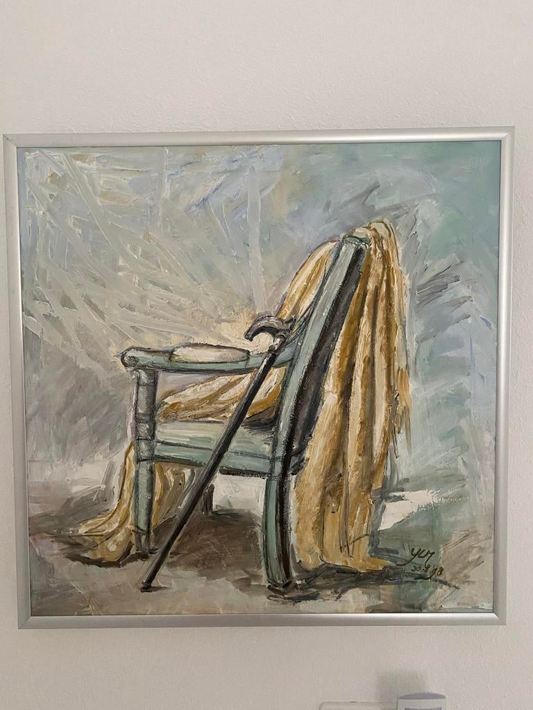 Olieverf schilderij 70x70 - Stoel met wandelstok, Ophalen of Verzenden