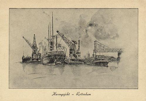 Havengezicht - Rotterdam - tekening - ongelopen, Verzamelen, Ansichtkaarten | Nederland, Ongelopen, Zuid-Holland, 1920 tot 1940