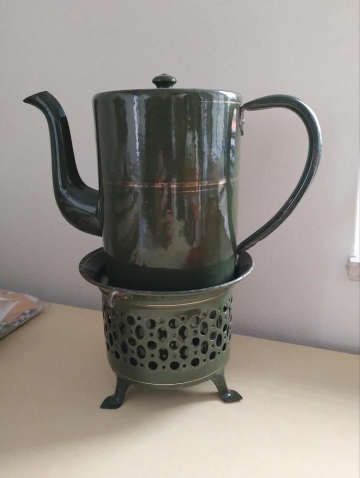 Vintage groene koffiepot met rechaud, Antiek en Kunst, Antiek | Emaille, Ophalen