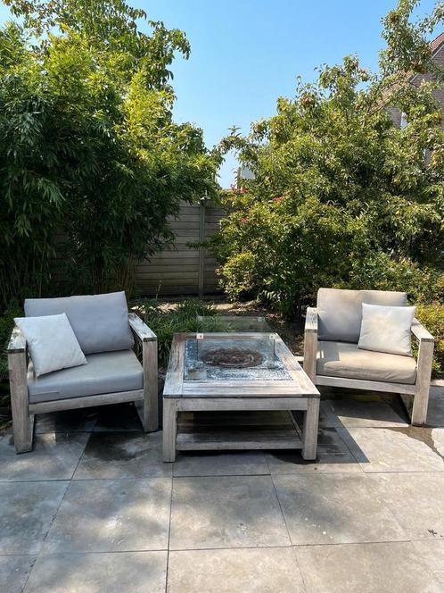 Houten loungeset met all weather kussens, Tuin en Terras, Tuinsets en Loungesets, Gebruikt, Loungeset, Hout, 8 zitplaatsen, Bank