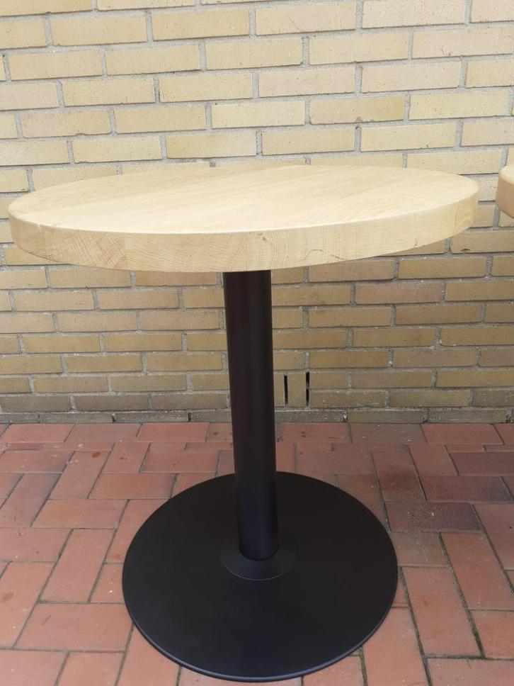 bijzettafel Ronde eiken 68 blad 4.5 dik poot staal 74 hoog, Huis en Inrichting, Tafels | Bijzettafels, Zo goed als nieuw, Rond