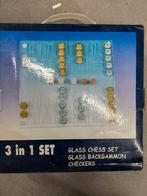 3-in-1 Glazen Schaakset, Backgammon & Dammen, Gebruikt, Een of twee spelers, Onbekend, Ophalen of Verzenden