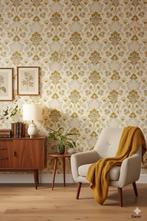 6878 Olijfblauw damast behang klassiek warm vintage swiet, Ophalen of Verzenden, Minder dan 10 m²