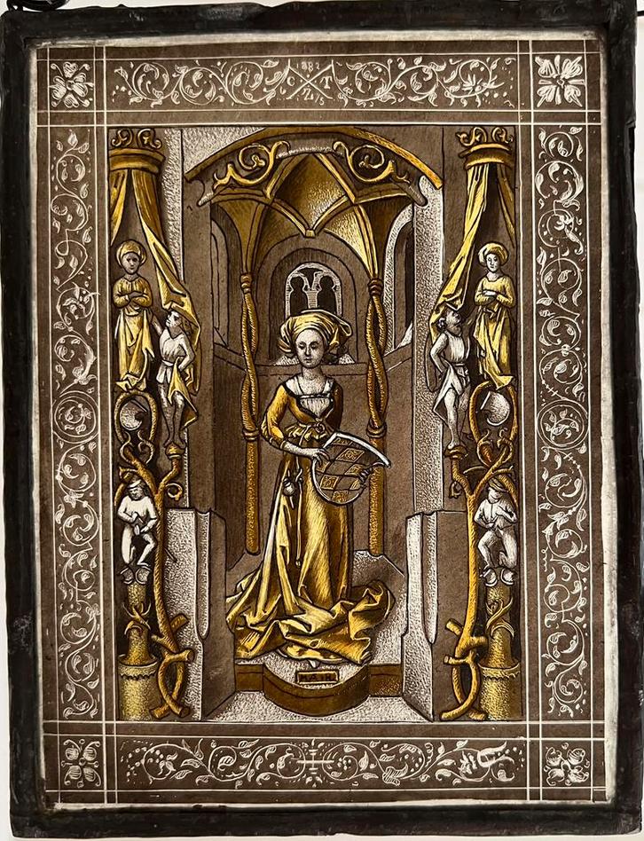 Antiek gebrandschilderd glas in lood raampje, Antiek en Kunst, Kunst | Overige Kunst, Ophalen of Verzenden