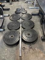 Olympische halter stang met gewichten bumperplates 77,5 kg, Ophalen, Gebruikt, Olympische halter stang, Met