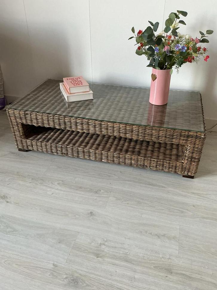 Salontafel met glasplaat, Huis en Inrichting, Tafels | Sidetables, Gebruikt, 50 tot 75 cm, 100 tot 150 cm, Rechthoekig, Glas, Overige materialen