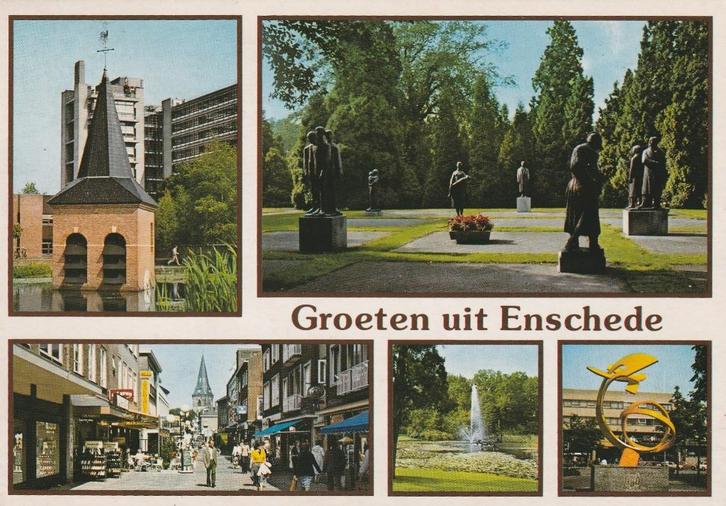 ENSCHEDE Toren Vijver Straat Beelden Groeten, Verzamelen, Ansichtkaarten | Nederland, Gelopen, Overijssel, 1980 tot heden, Verzenden
