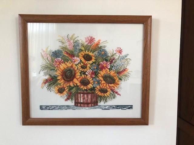 borduurwerk boeket zonnebloemen, Hobby en Vrije tijd, Borduren en Borduurmachines, Zo goed als nieuw, Overige typen, Handborduren