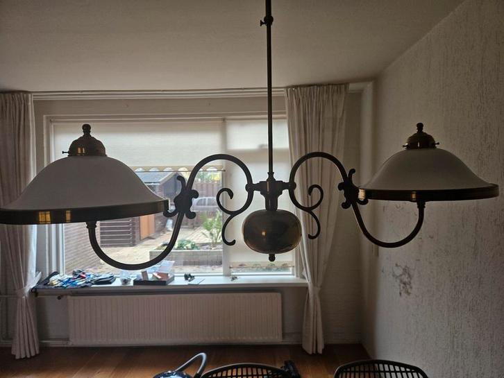 Vintage Messing Hanglamp met 3 Lampen, Huis en Inrichting, Lampen | Hanglampen, Gebruikt, Minder dan 50 cm, Glas, Metaal, Ophalen of Verzenden