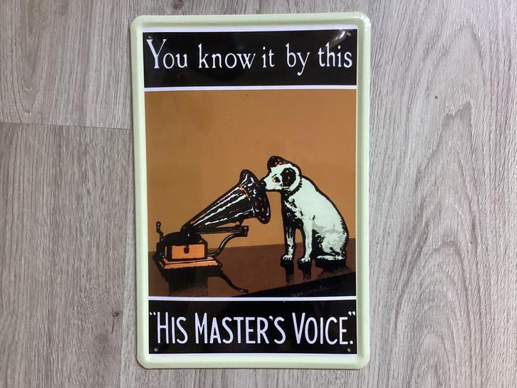 Vintage HIS MASTER’S VOICE reclame bord (geen emaille), Verzamelen, Speldjes, Pins en Buttons, Zo goed als nieuw, Transport, Ophalen of Verzenden