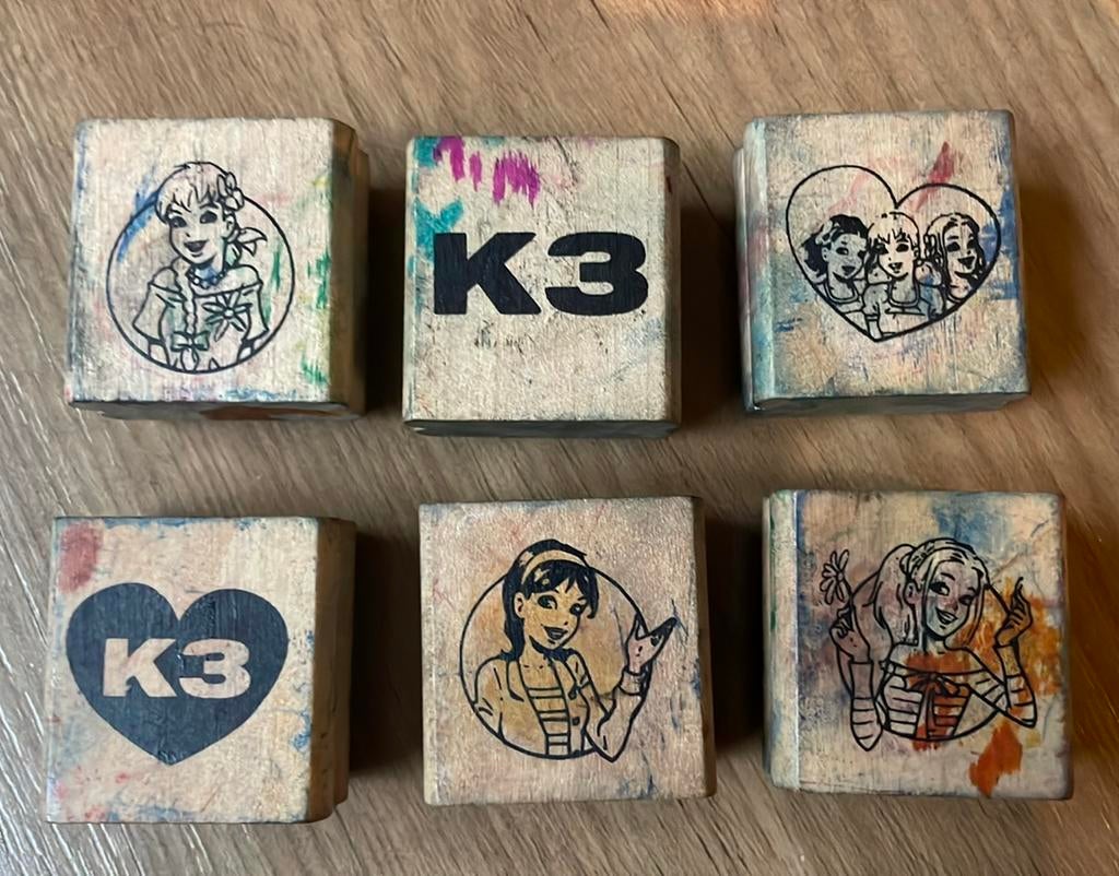 6 houten stempels K3, Hobby en Vrije tijd, Stempelen, Ophalen of Verzenden, Gebruikt, Houten stempel