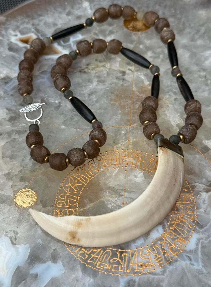 Everzwijntand in zilverenkast, ketting Yakbot en glaskralen, Sieraden, Tassen en Uiterlijk, Kettingen, Nieuw, Overige materialen