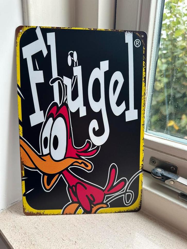 Vierkant vintage reclamebord van Flugel 20x30, Verzamelen, Merken en Reclamevoorwerpen, Zo goed als nieuw, Reclamebord, Ophalen of Verzenden