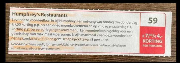 Voordeelbon Humphrey’s Restaurants 2025 (KWF), Tickets en Kaartjes, Kortingen en Cadeaubonnen, Drie personen of meer, Kortingsbon
