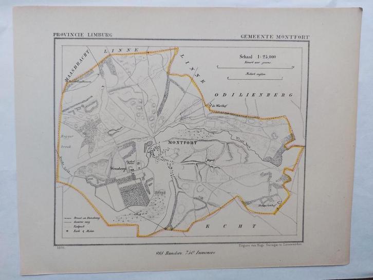 36 / Gemeente Montfort Limburg Litho uit 1866 door J. Kuyper, Antiek en Kunst, Kunst | Litho's en Zeefdrukken, Ophalen of Verzenden