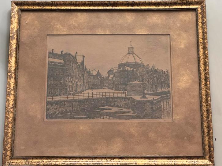 Gesigneerde ets van Marius Janssen – Amsterdam, Stroo Markt, Antiek en Kunst, Kunst | Etsen en Gravures, Ophalen