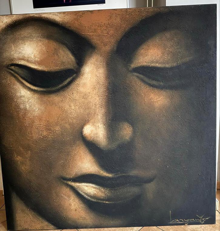 Bronzen gezicht schilderij 115x115, Huis en Inrichting, Woonaccessoires | Schilderijen, Tekeningen en Foto's, Zo goed als nieuw