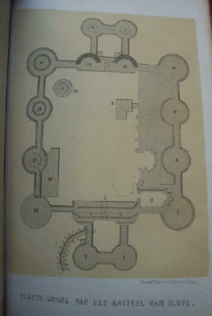 39 / Sluis Het Kasteel Plattegrond 1854, Antiek en Kunst, Kunst | Litho's en Zeefdrukken, Ophalen of Verzenden