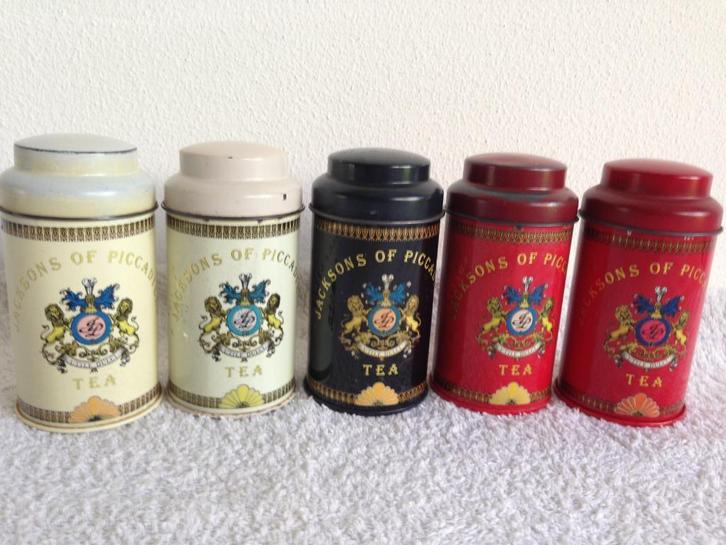 ☘️5 Vintage JACKSONS OF PICCADILLY TEA Blikjes., Verzamelen, Blikken, Gebruikt, Thee, Overige merken, Ophalen of Verzenden