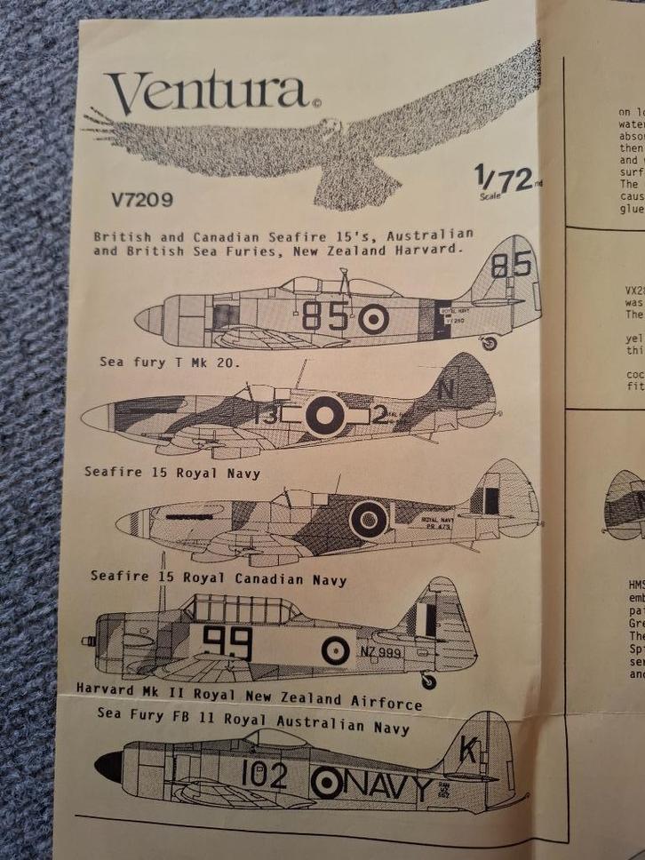 1/72 Ventura decals oa Sea Fury, Hobby en Vrije tijd, Modelbouw | Vliegtuigen en Helikopters, Zo goed als nieuw, Vliegtuig, 1:72 tot 1:144