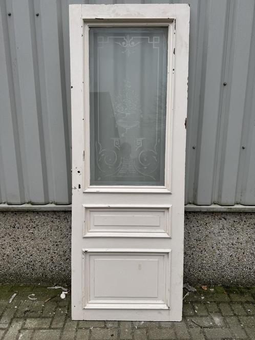 Prachtige antieke deur met geetst glas 86 x238, Doe-het-zelf en Verbouw, Deuren en Horren, Zo goed als nieuw, Binnendeur, 215 cm of meer