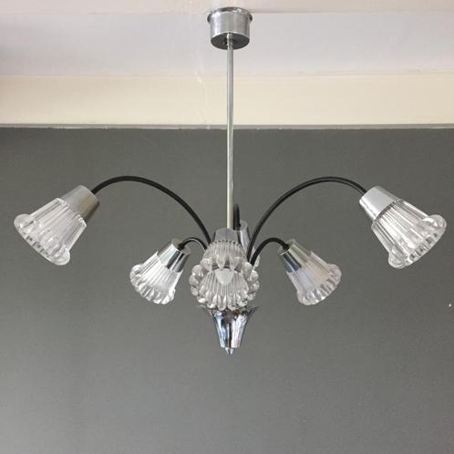 Jaren 50 60 chroom kroonluchter ice glas Kalmar Orrefors etc, Huis en Inrichting, Lampen | Hanglampen, Gebruikt, Minder dan 50 cm