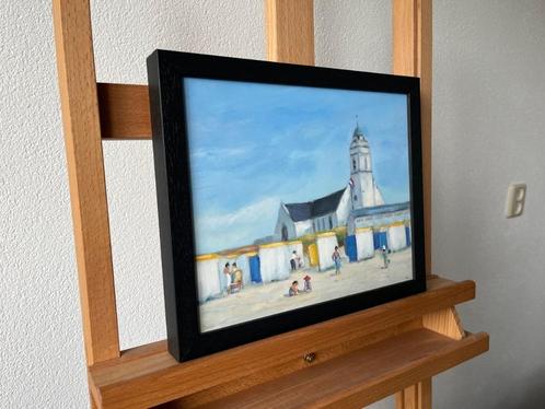 Hans Mijnsbergen, strandvoorstelling met Oude kerk Katwijk, Antiek en Kunst, Kunst | Schilderijen | Klassiek, Ophalen of Verzenden