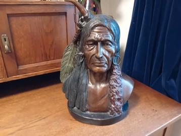 BRONZEN BUSTE INDIAAN HOOFDMAN  KRIJGER  BRONS BORSTBEELD beschikbaar voor biedingen