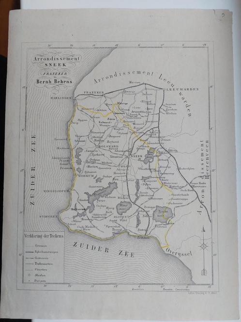 3 / Arrondissement Sneek met Workum Sloten Litho Behrns 1861, Antiek en Kunst, Kunst | Litho's en Zeefdrukken, Ophalen of Verzenden