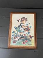 Vintage prentje lief  meisje op hout schilderijtje, Ophalen of Verzenden, Huis en Inrichting