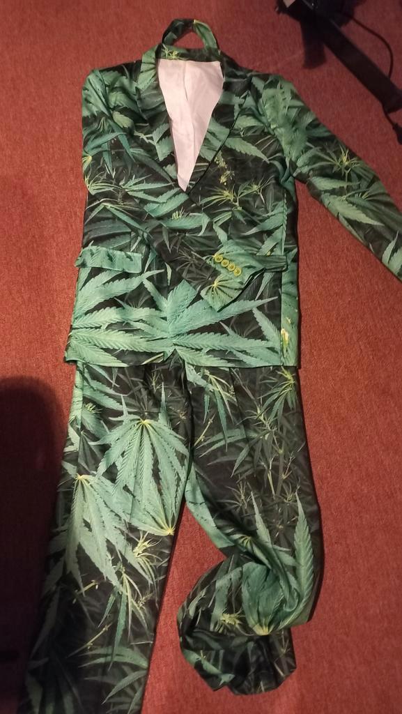 Carnavalspak met wietprint - Maat S, Kleding | Heren, Kostuums en Colberts, Zo goed als nieuw, Maat 46 (S) of kleiner, Groen, Ophalen of Verzenden